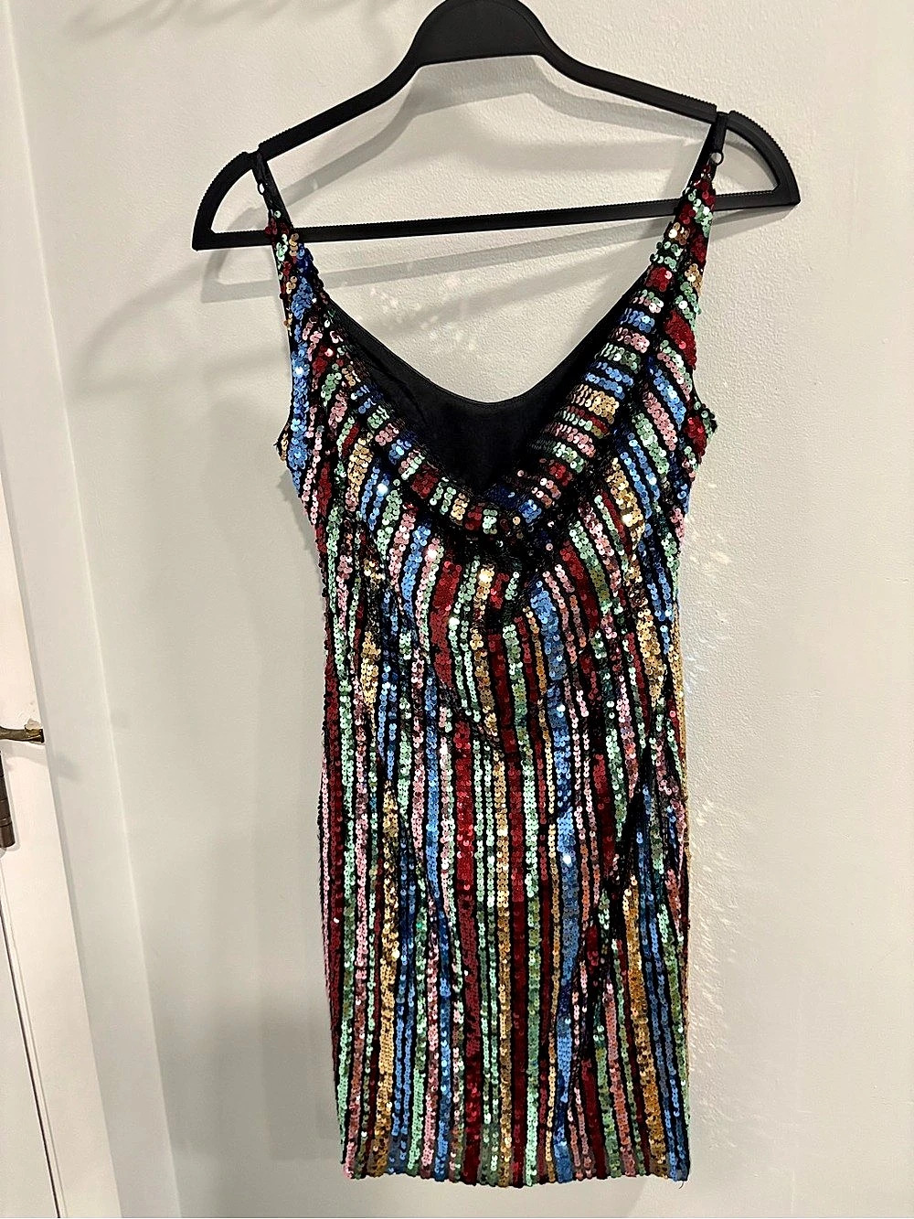 bebe Sequin Mini Dress in Black & Multicolor Size Medium Like New